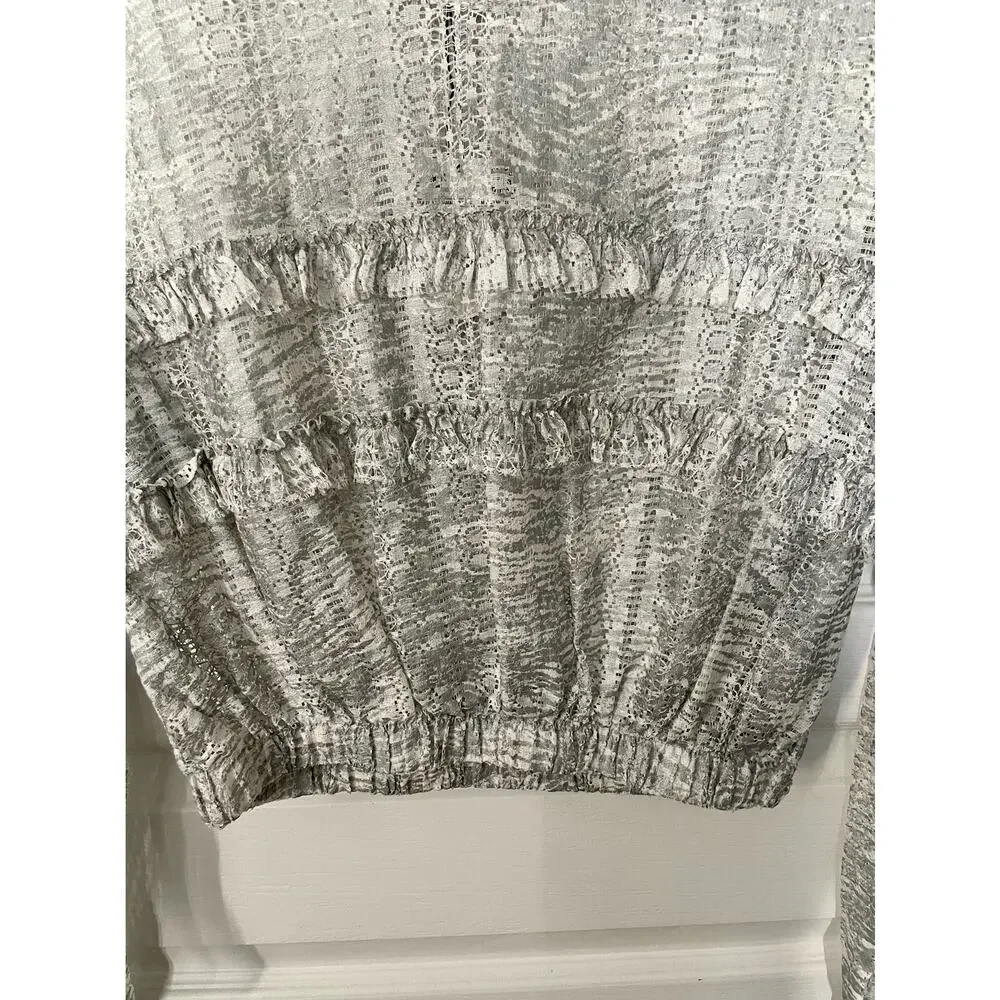 Zara Printed Lace Top with Frills Silver Gray White Small New